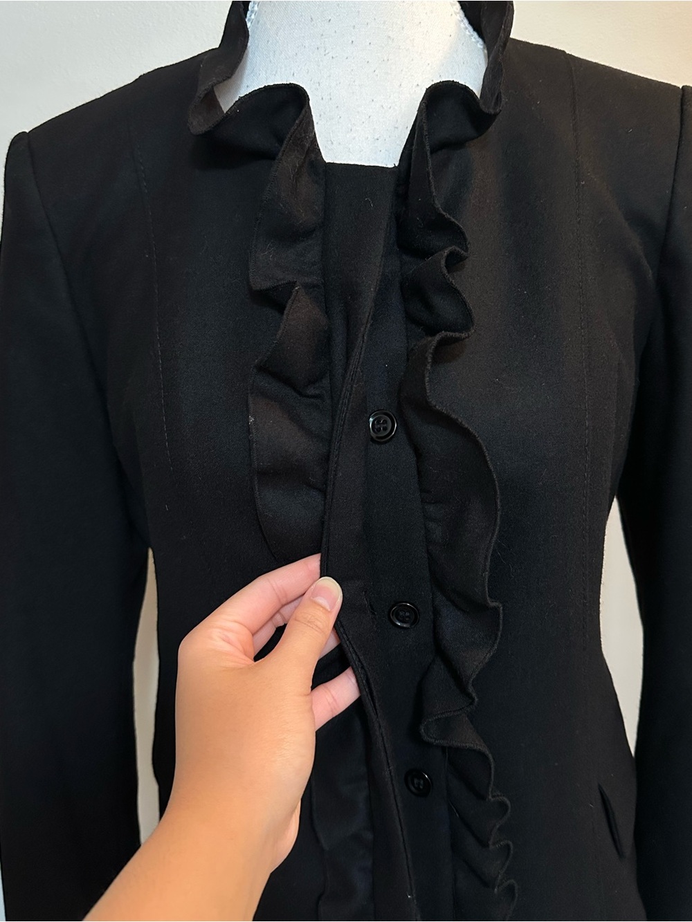 Wool Black Ruffle-Front Blazer Jacket - Picture 9 of 10